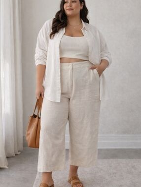 100% Linen Cropped Wide Leg Pants Cream Neutral Minimalist XL